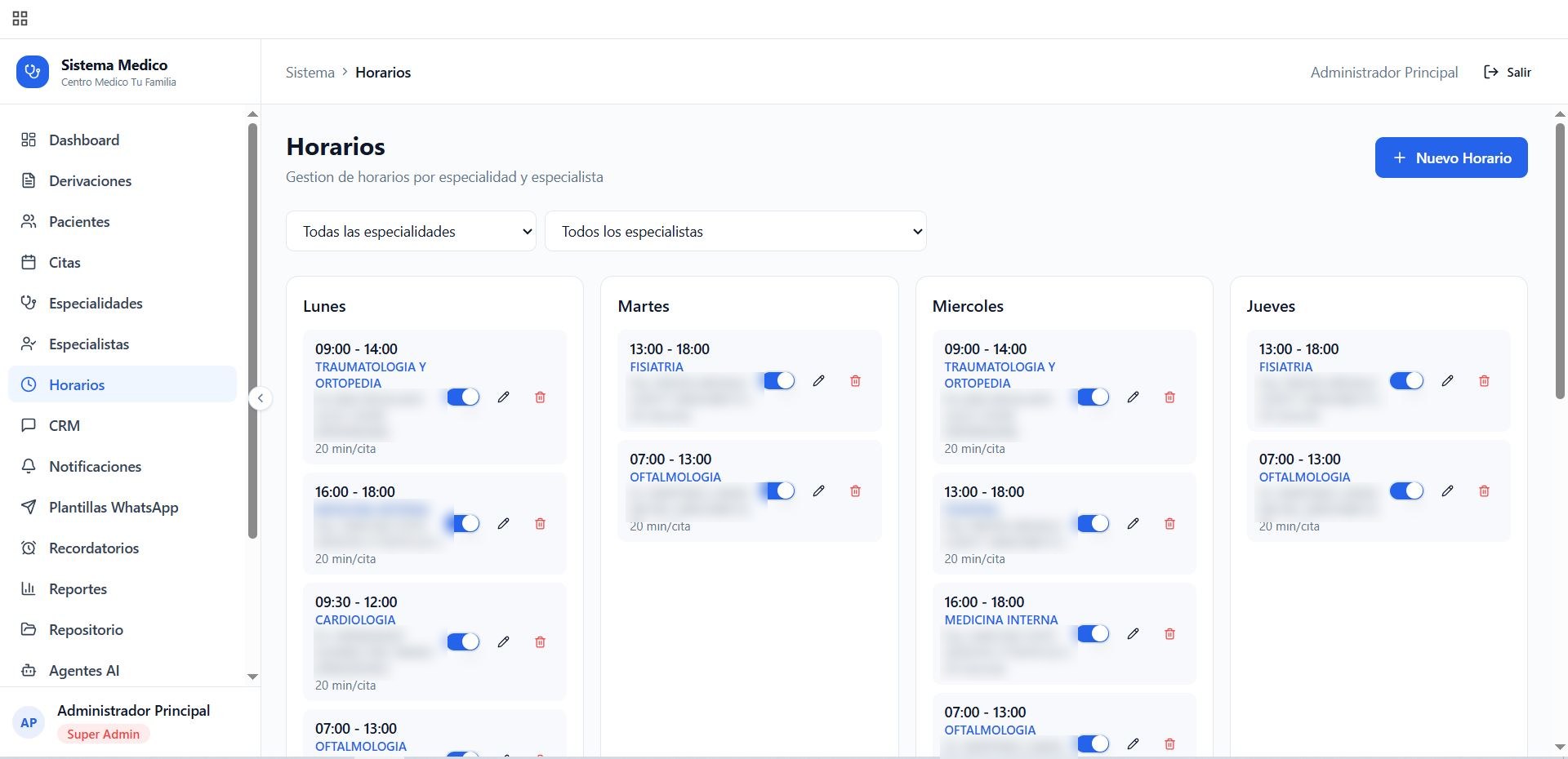 Configuración de horarios